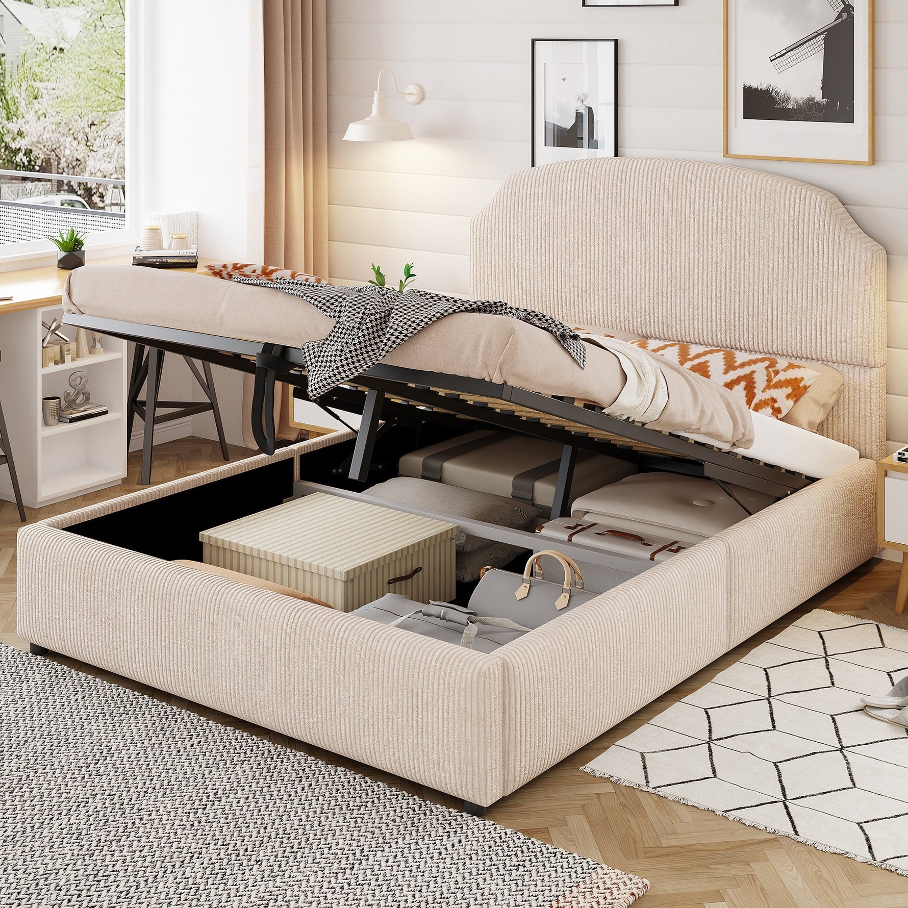 Upholstered Double Bed 140x200 with Hydraulic Storage and Wide Headboard, Beige Striped Plush