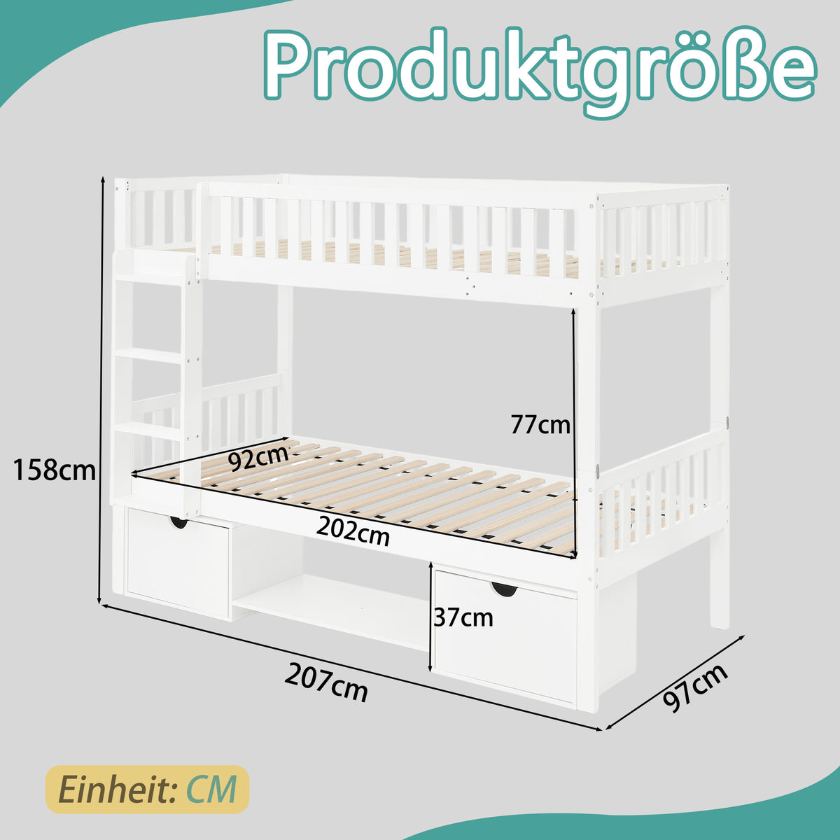 Children's Bunk Bed 90x200cm with Storage Drawers, White Pine Wood