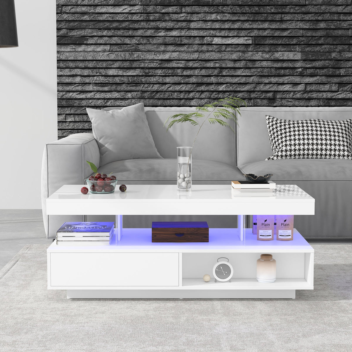 Coffee Table 95x50x42.5 cm with 4 Glass Tops, 2 Drawers, 2 Open Compartments, White High-Gloss
