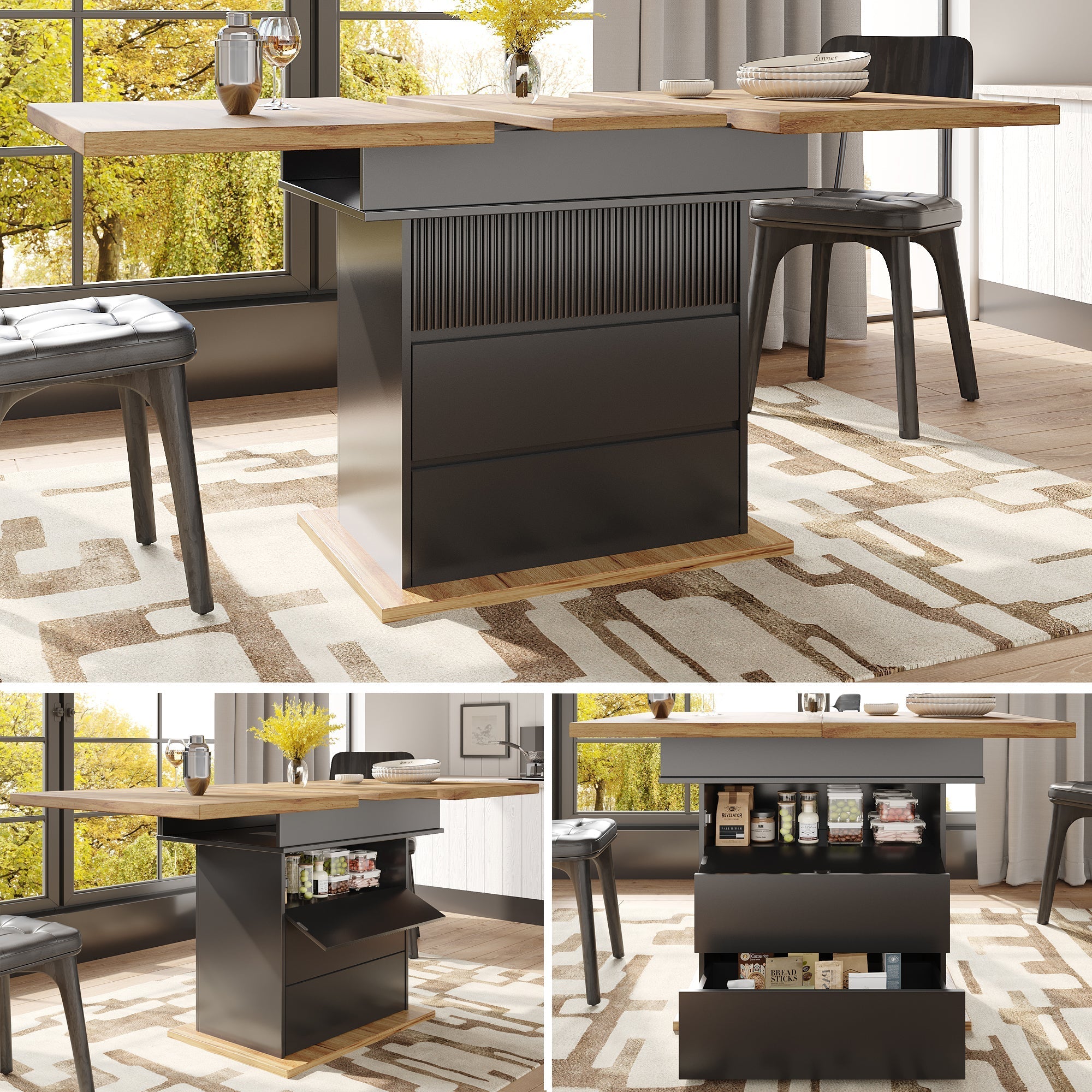 Telescopic Dining Table, Extendable with Storage Shelves for 4-6 People, Black