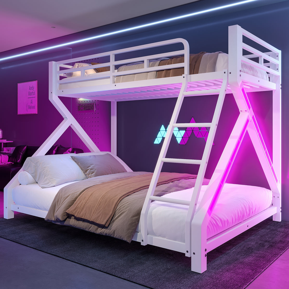 Kids Bunk Bed 90x200 & 140x200cm with LED Light, White Iron Frame