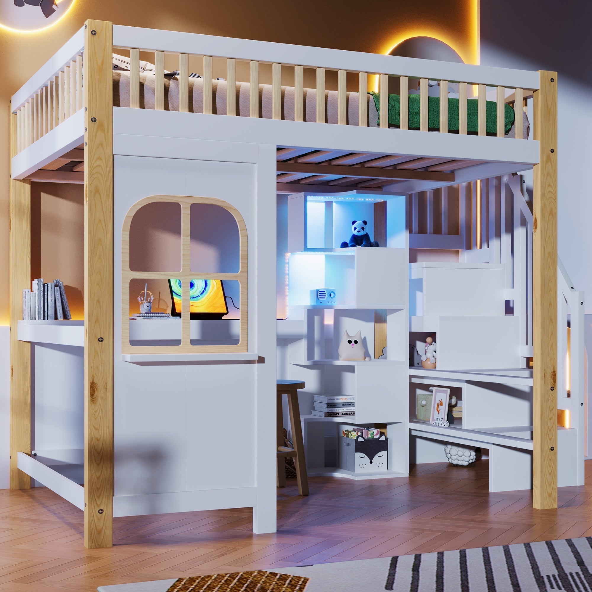 Loft Bed 140x200cm with LED Lights, Desk, and Storage Ladder, White + Natural