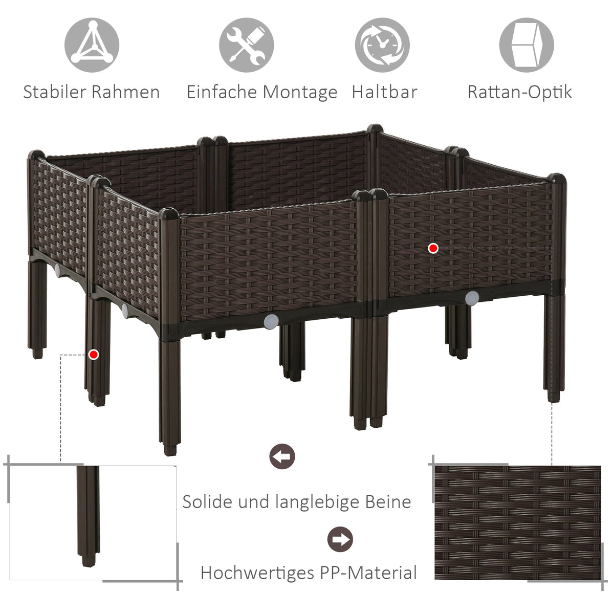 Raised Bed 4-Piece Planter, Rattan Look, Brown