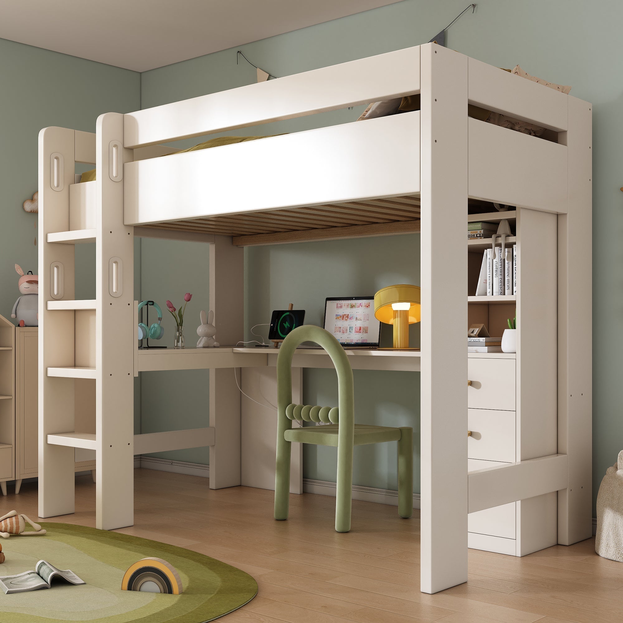 Children's Loft Bed with L-shaped Desk, Shelves, Drawers, USB/Type-C Charging Area, White