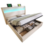Hydraulic Double Bed 160x200cm, High Headboard LED, Storage, USB/Type-C, Linen Beige