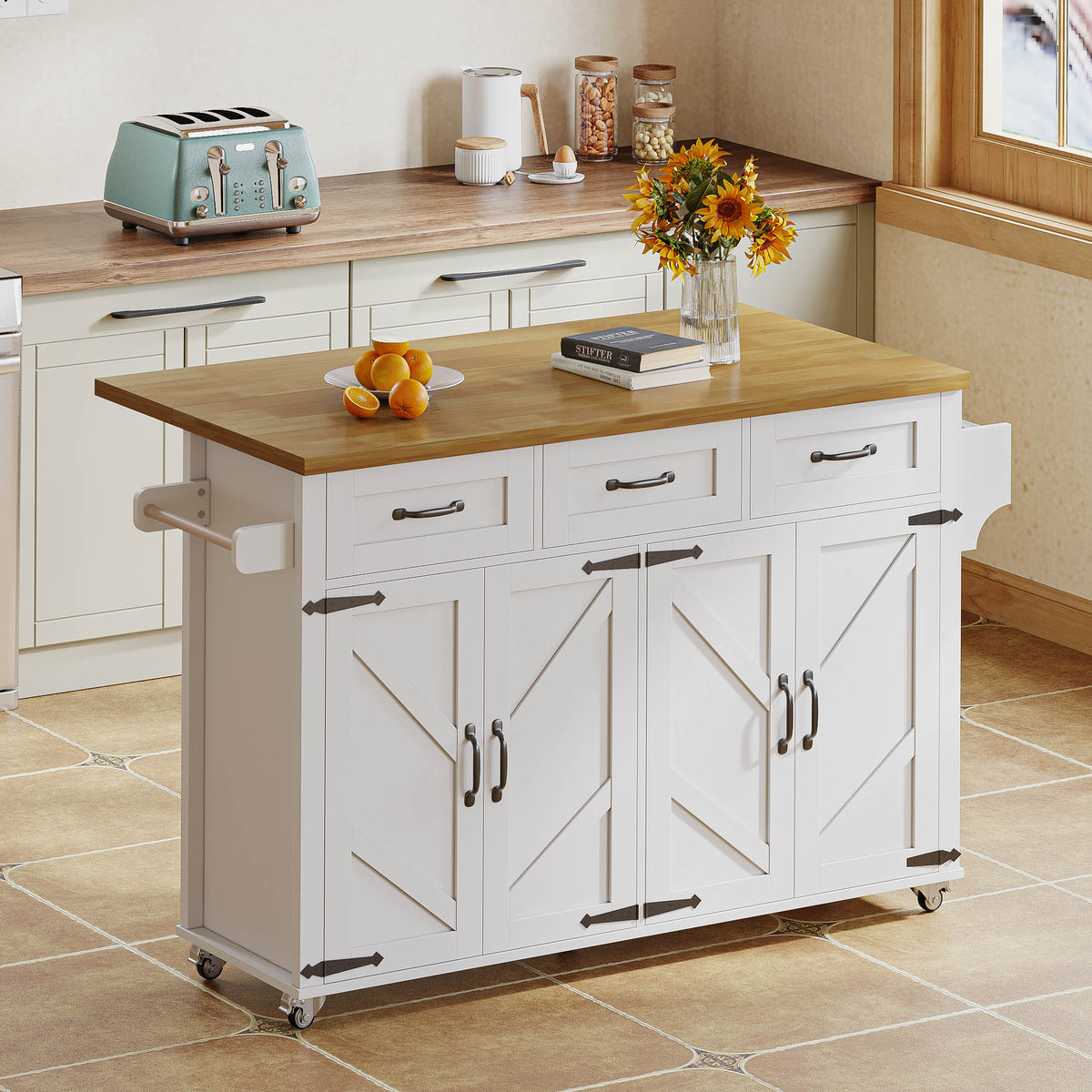 Kitchen Island Fold-down Worktop, 4 Doors 3 Drawers, White