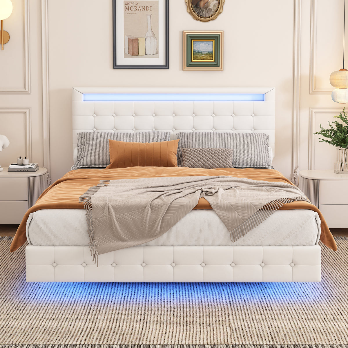 Flatbed Bed 140x200cm with LED & Adjustable Headboard, White PU