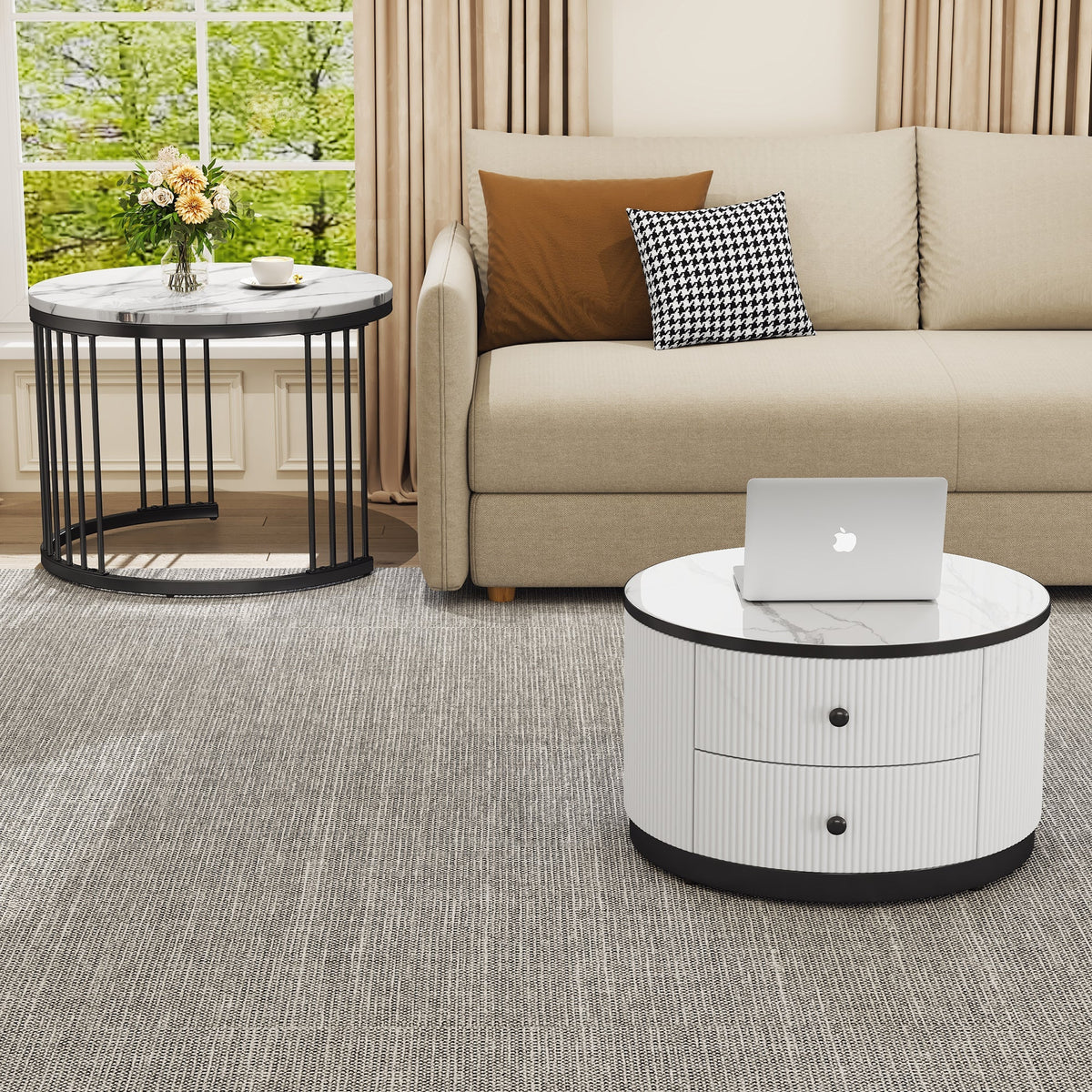 Coffee Table Set, Round Nesting with Drawers, White Marble Look