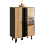 Sideboard, Display Cabinet with Glass and LED Lighting, Black and Wood