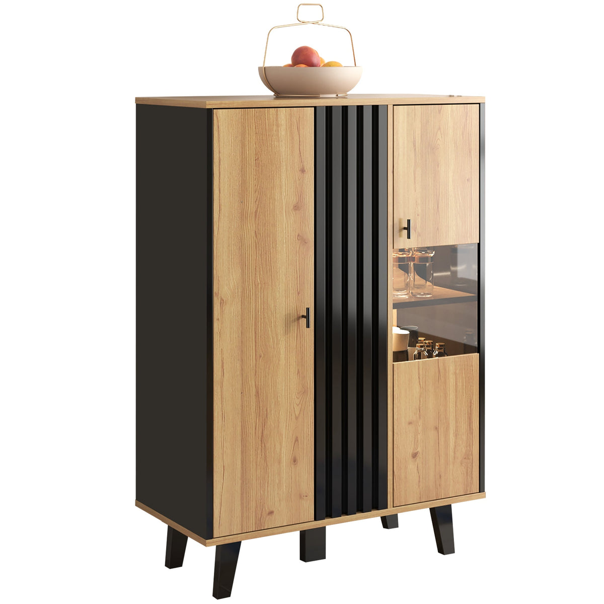 Sideboard, Display Cabinet with Glass and LED Lighting, Black and Wood
