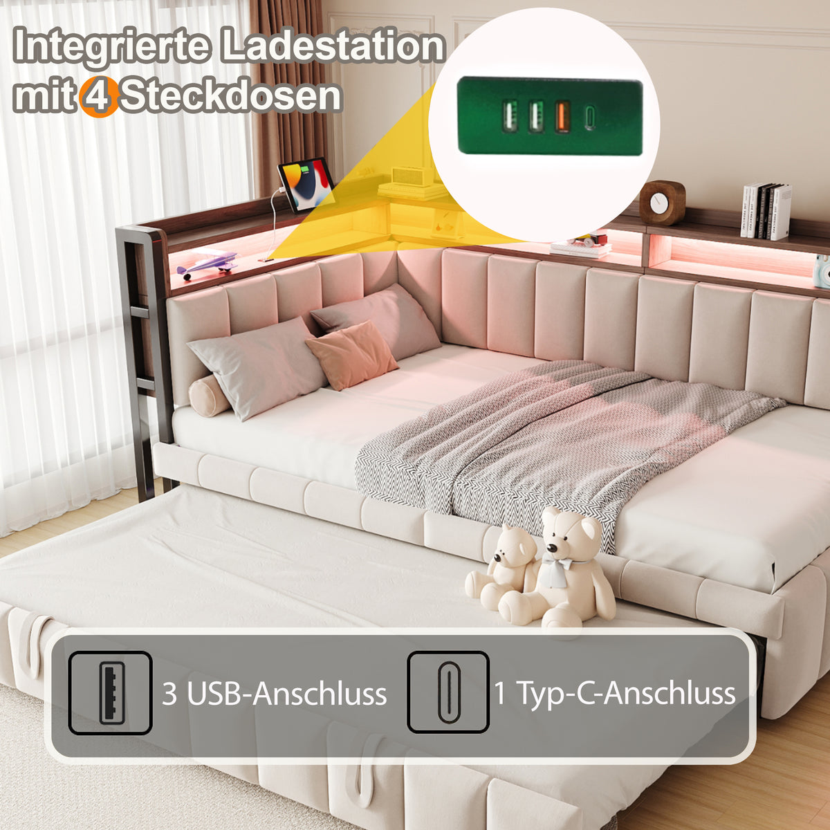Upholstered Sofa Bed 90x200cm with Pull-Out Bed & LED, Beige Velvet