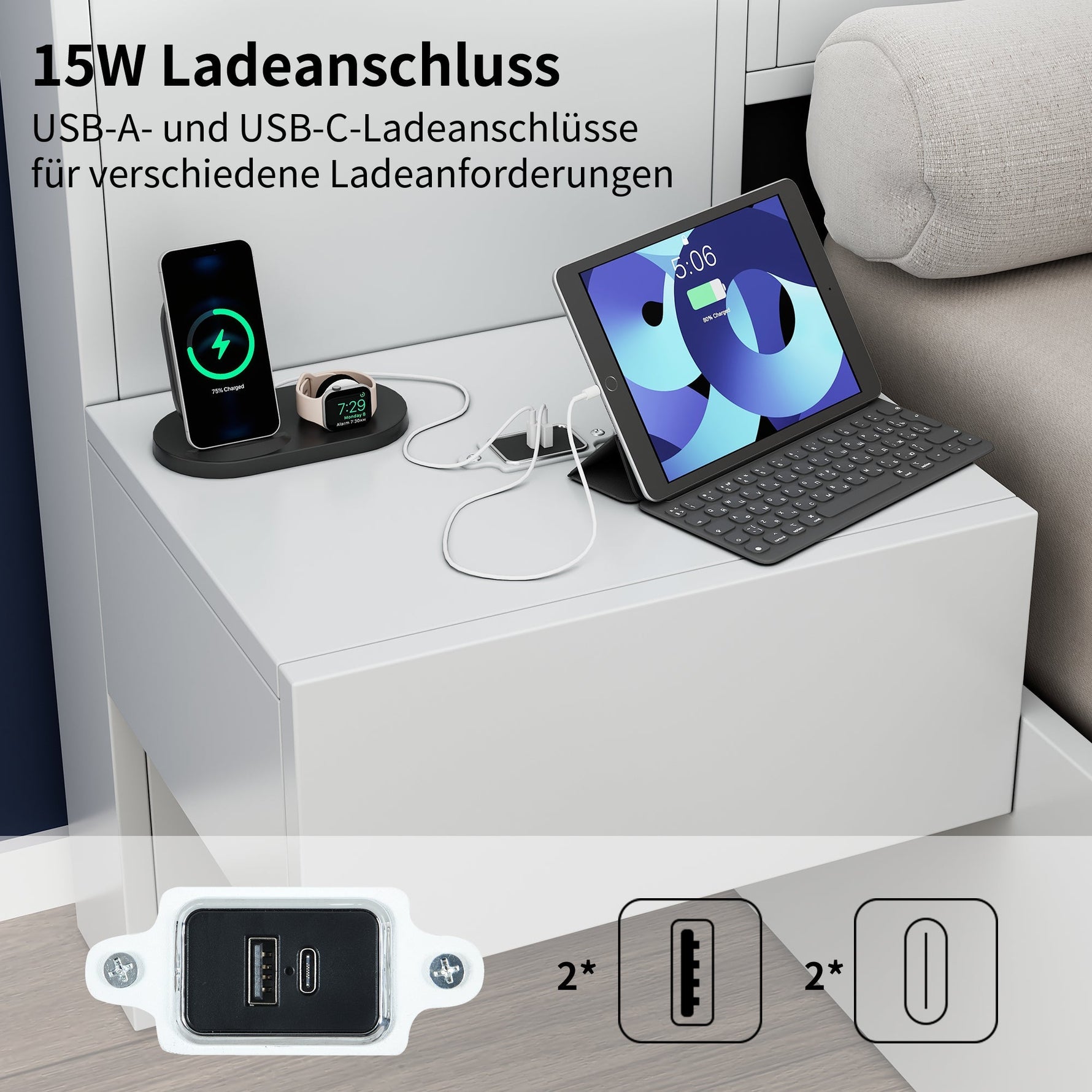 Double Bed with USB, Clock, Bluetooth Speaker and LED, 160x200cm, White Wood
