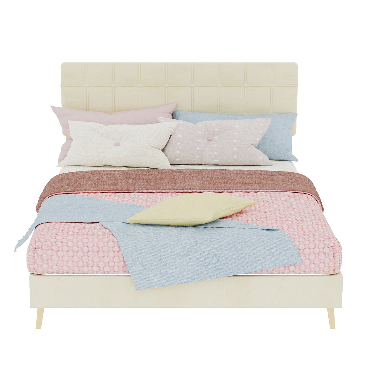 Modern Double Bed 140x200cm with Plaid Headboard, Dark Gray Fabric