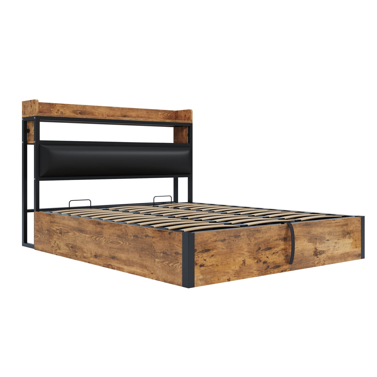 Bed Frame, 180x200, Hydraulic Lift, USB, Upholstered Headboard, Wood & Metal, Black