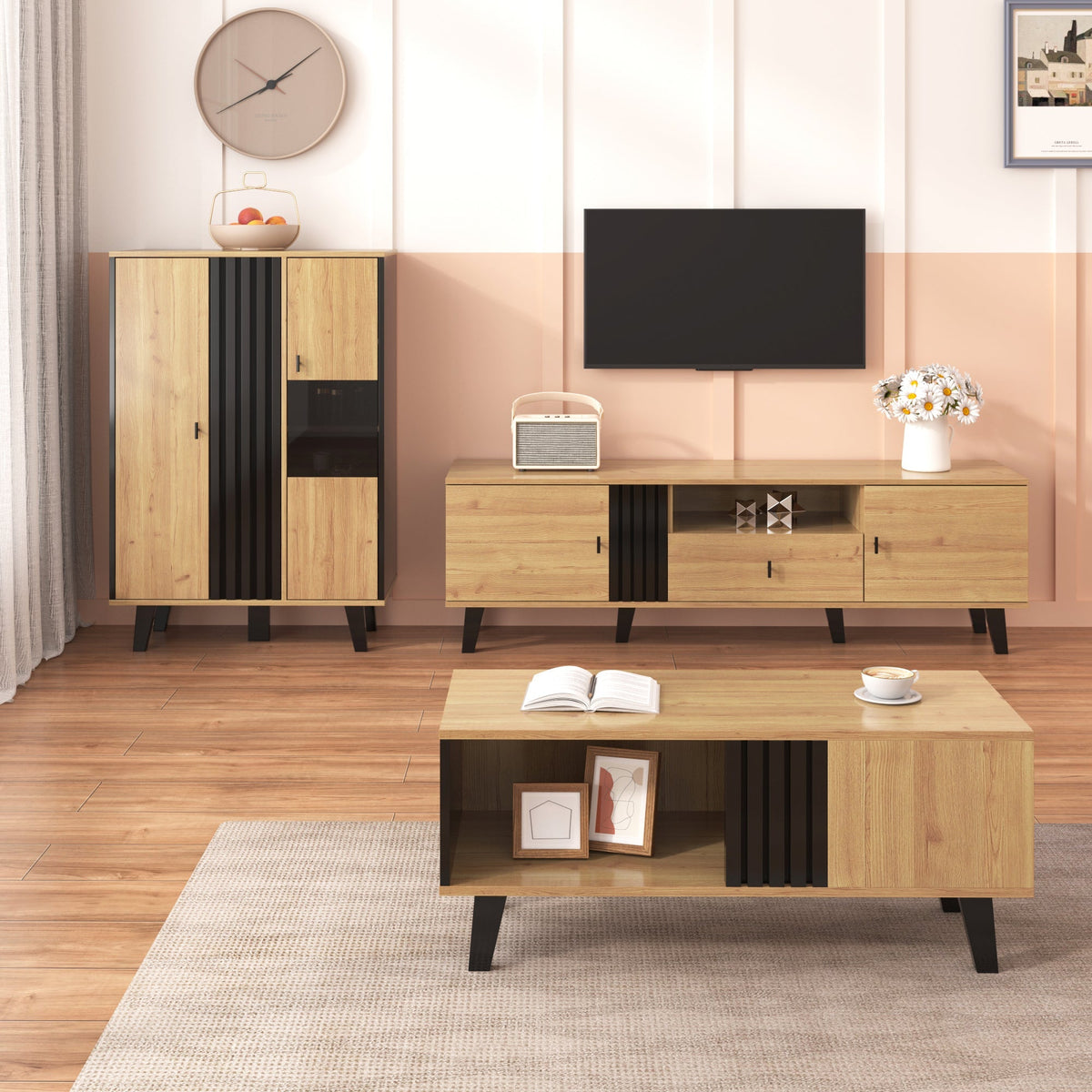 Living Room Furniture Set, 3-Piece Coffee Table TV Cabinet Sideboard, Wood and Black