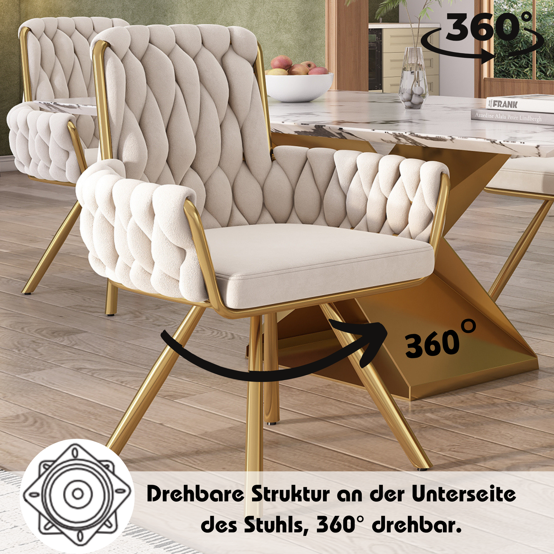 Velvet Dining Chair Set of 4, Luxury Swivel Armchair with Metal Legs, Beige Velvet