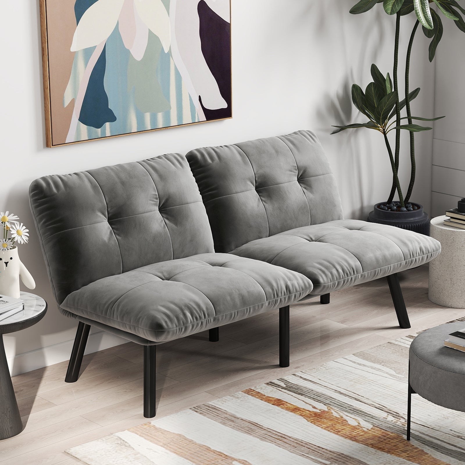 Foldable Futon Sofa Bed 2-Seater Guest Bed - Grey