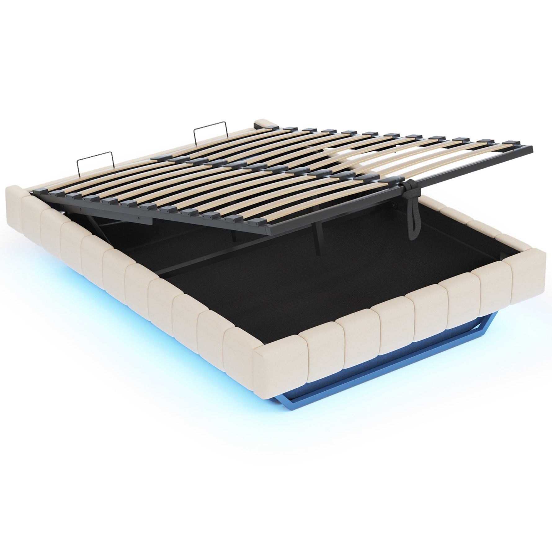 Upholstered Bed 160x200cm Hydraulic Floating Frame Storage LED Light, Linen Beige