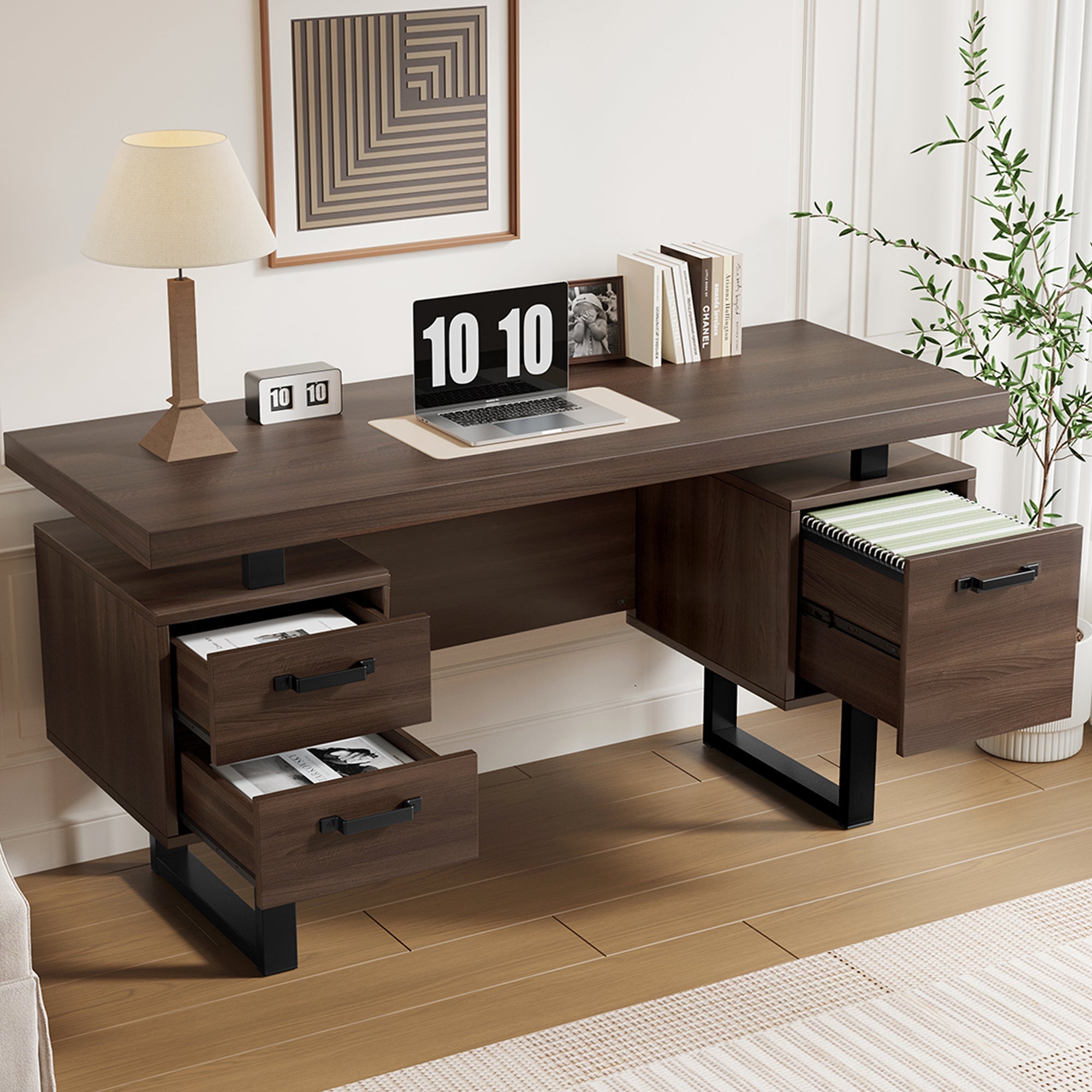 Simple Office Desk with Silent Drawer and File Drawer, 135 x 54 cm, Brown
