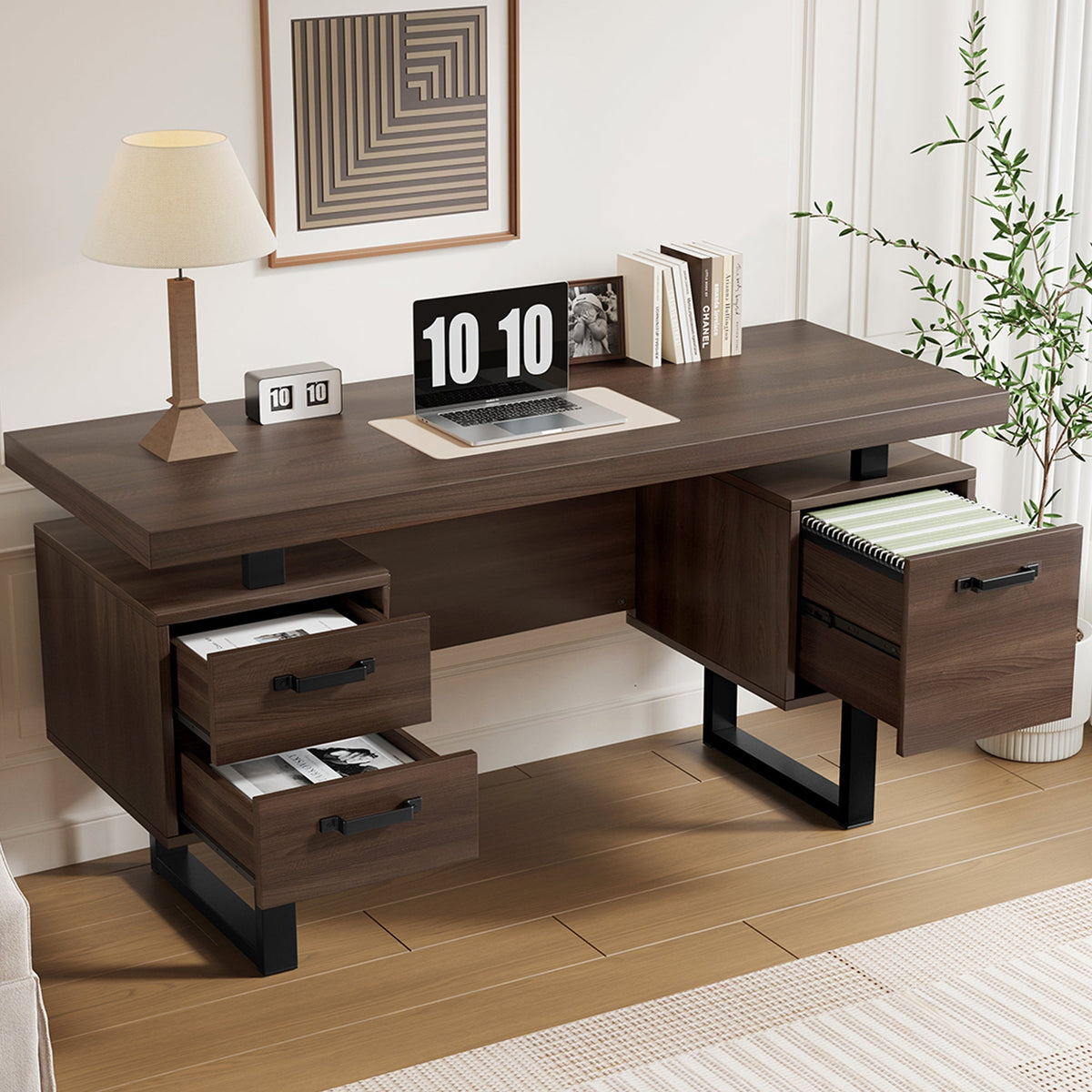 Simple Office Desk with Silent Drawer and File Drawer, 135 x 54 cm, Brown