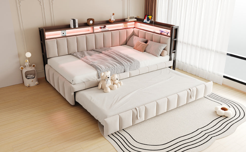 Upholstered Sofa Bed 90x200cm with Trundle & LED, Beige Velvet