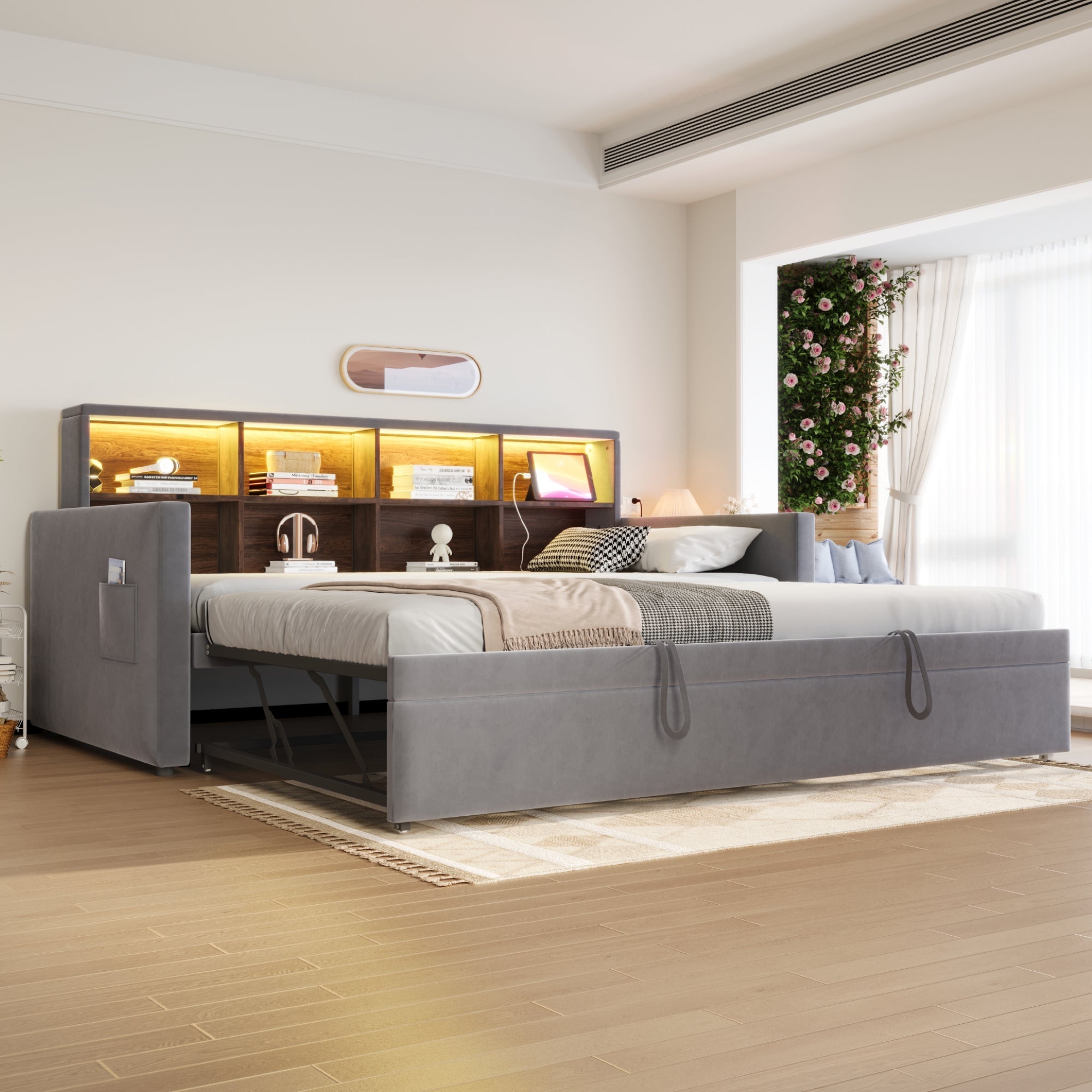 Upholstered Sofa Bed 90x190cm with Storage Headboard, LED Lights and Charging Ports, Dark Grey Velvet