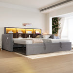 Upholstered Sofa Bed 90x190cm with Storage Headboard, LED Lights and Charging Ports, Dark Grey Velvet