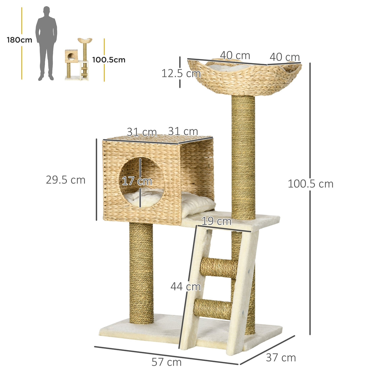 Cat Tree, 100.5 cm High, Cat Cave, Bed, Stairs, Sisal, Natural