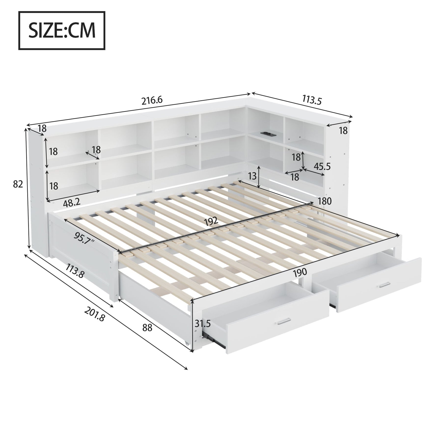Solid Wood Sofa Bed 90/180*190cm Pull-Out Storage Drawers, White