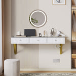 Wall-Mounted Vanity Table with 3 Drawers & Glass Top, White