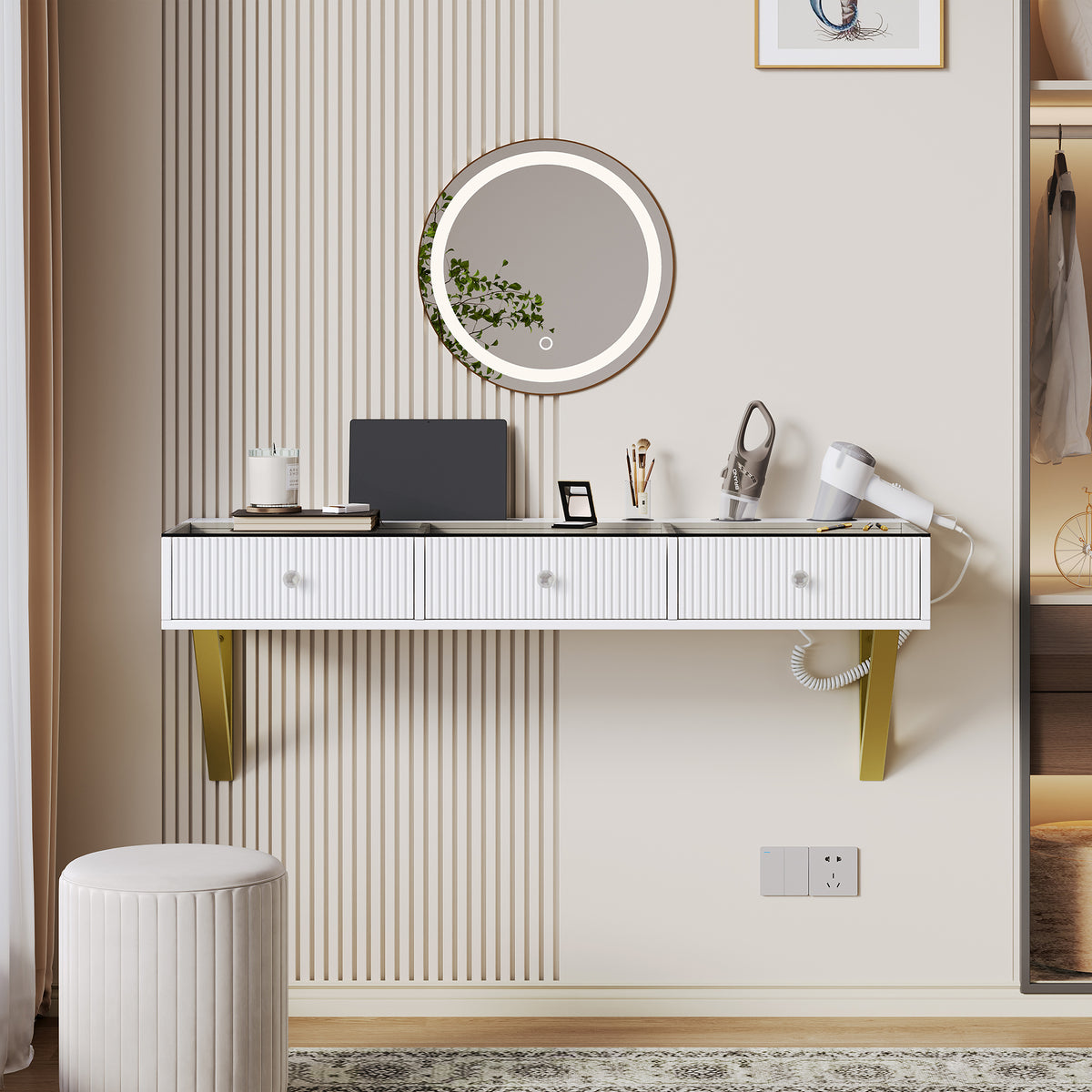 Wall-Mounted Vanity Table with 3 Drawers & Glass Top, White