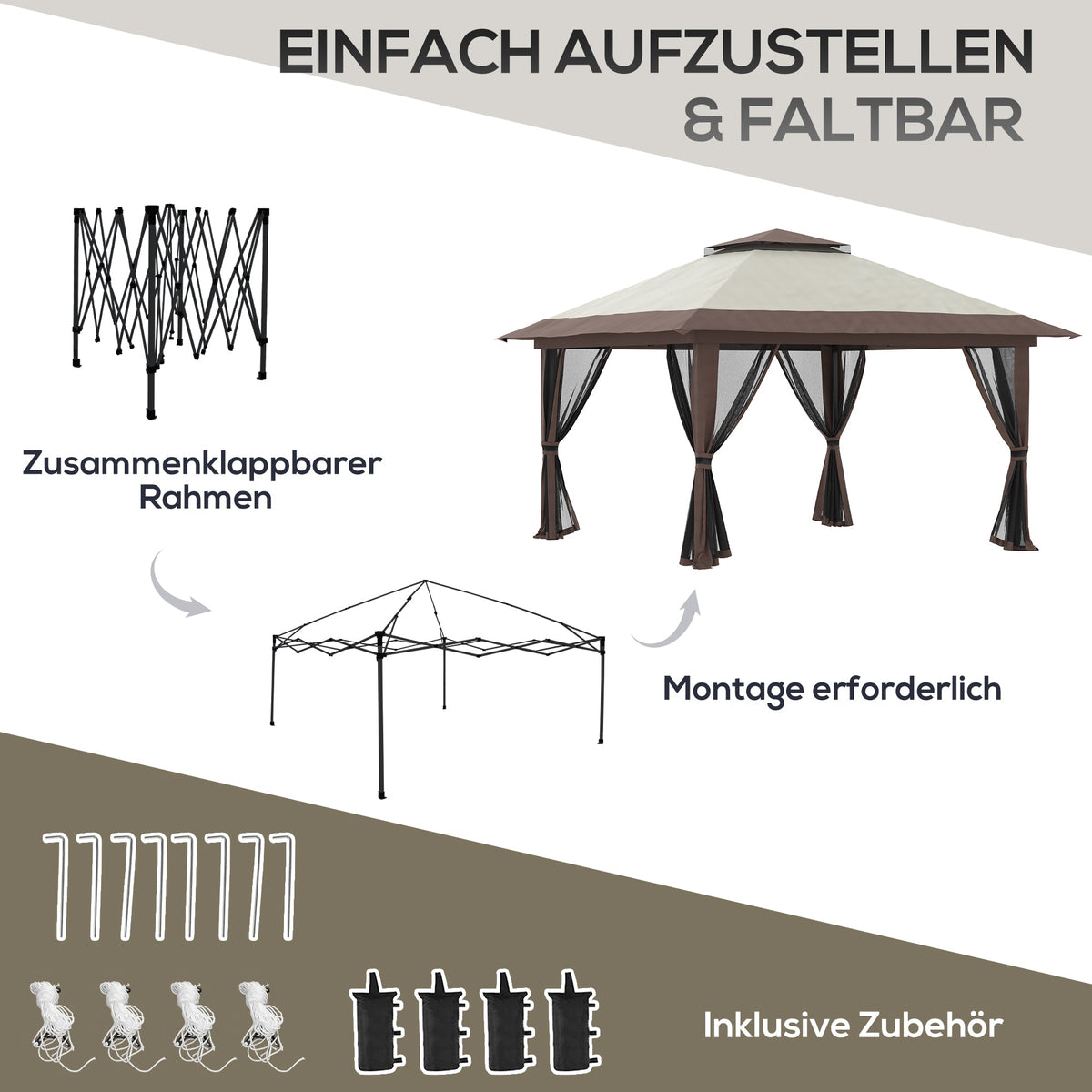Folding Gazebo 4x4m Height Adjustable UV Protection Net Curtains Double Roof, Beige
