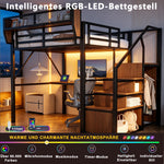 Loft Bed 140x200 with Desk, LED Light & Storage, Black Metal