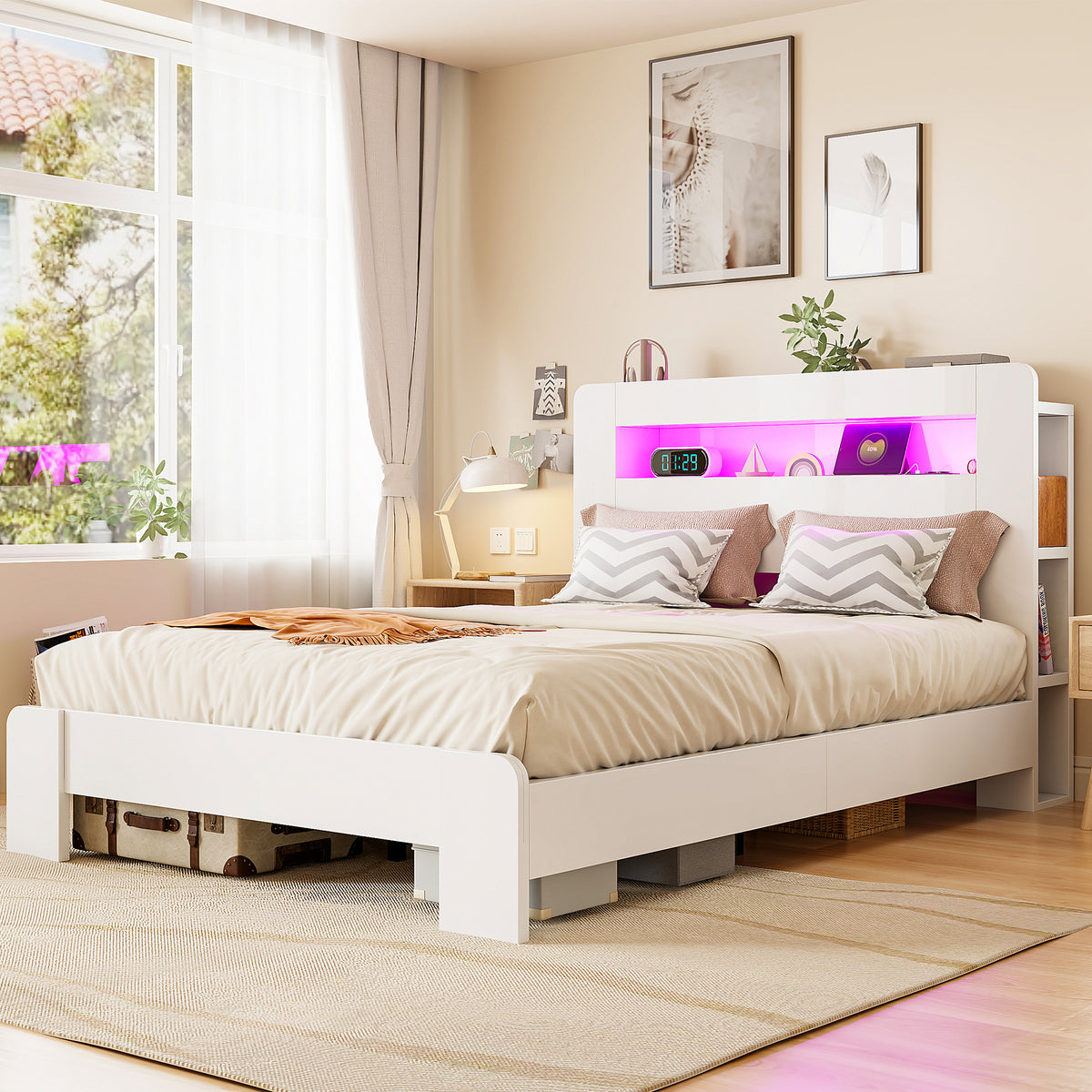 Wooden Bed Frame with Storage Headboard & LED, 140x200 cm, White