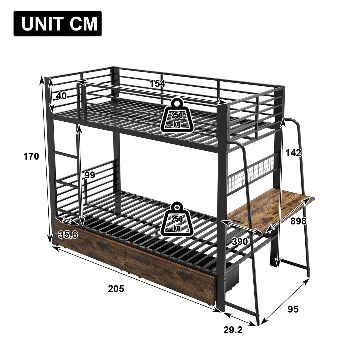 Bunk Bed 90x200cm with Desk, LED & Storage Drawers, Metal