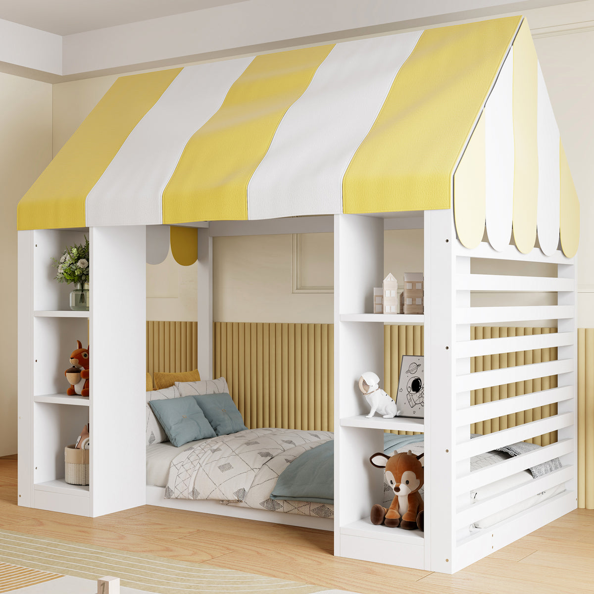 Children's Canopy Bed 90x200cm with Storage, Wooden Frame, White