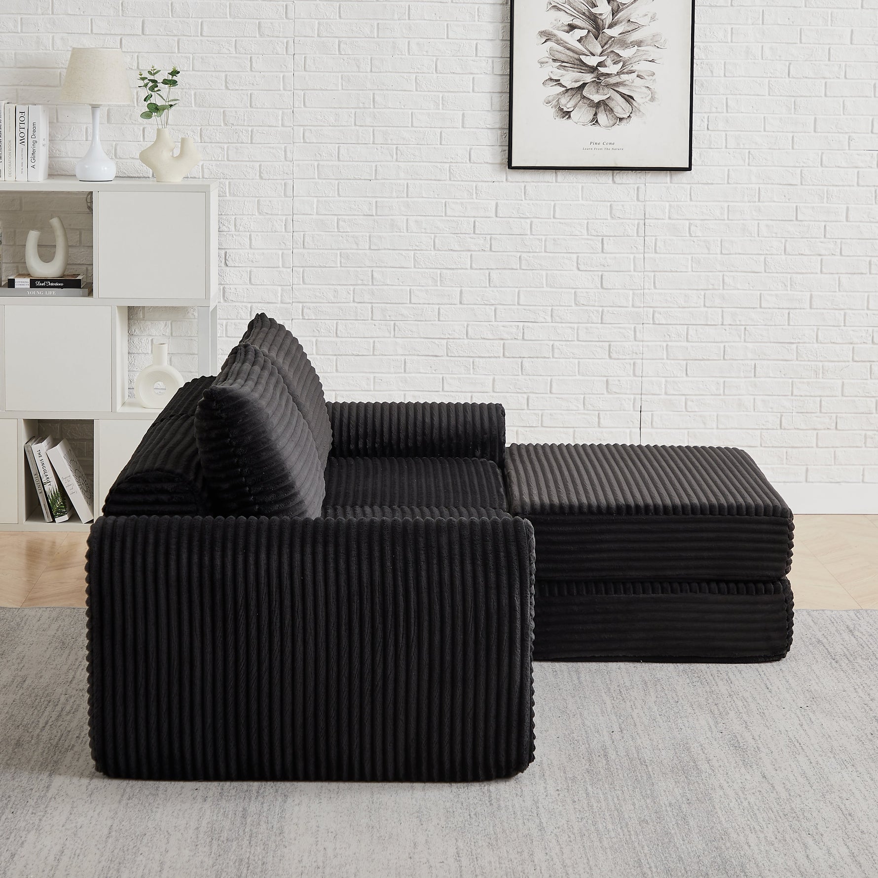 2-in-1 Sofa Bed with Two Pillows and Removable Footstool, Corduroy