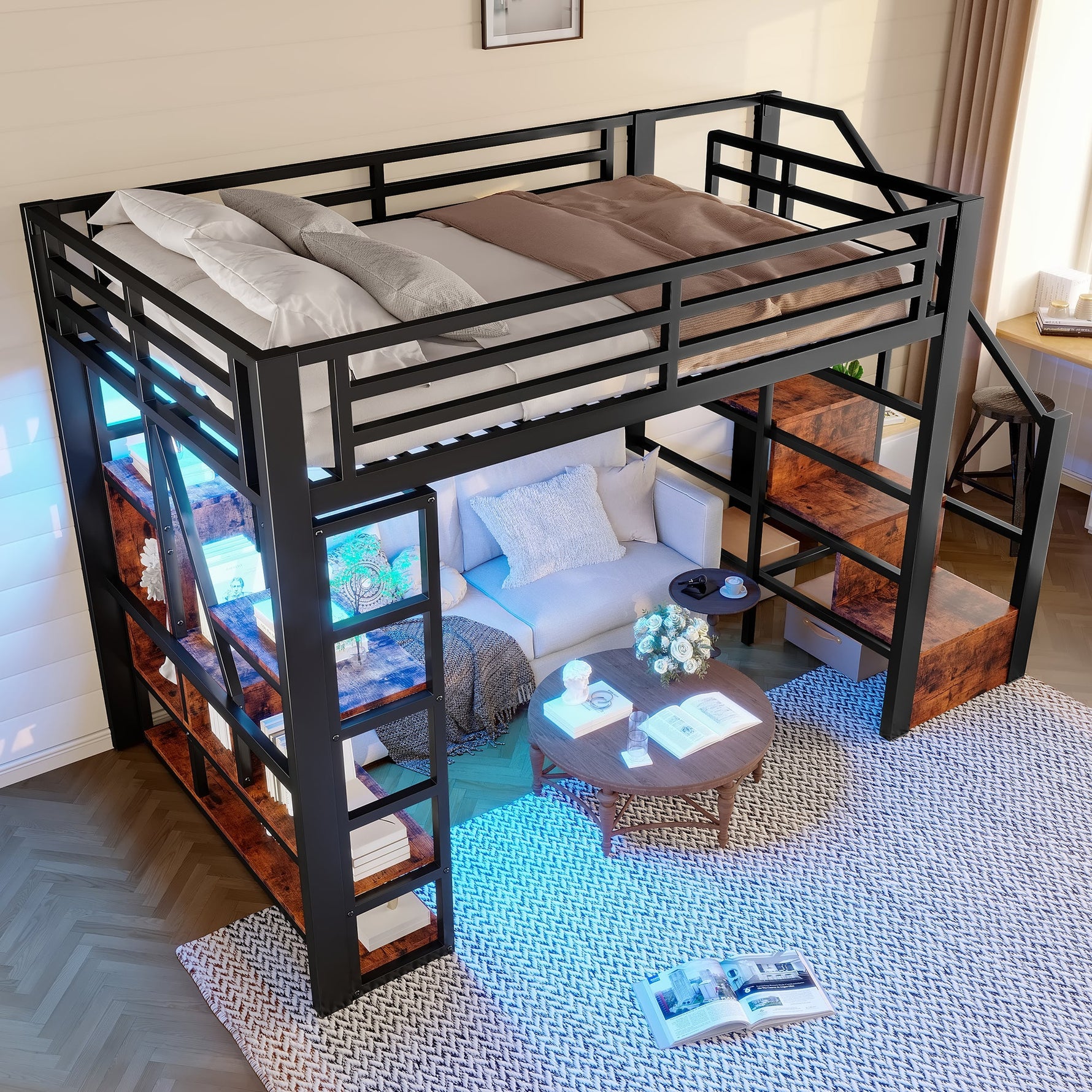 Loft Bed 140x200cm Iron Frame, Storage, Steps, LED, Black