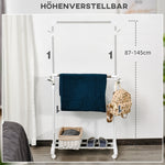 Rolling Coat Rack, Height-Adjustable with Bottom Shelf, 4 Wheels, White