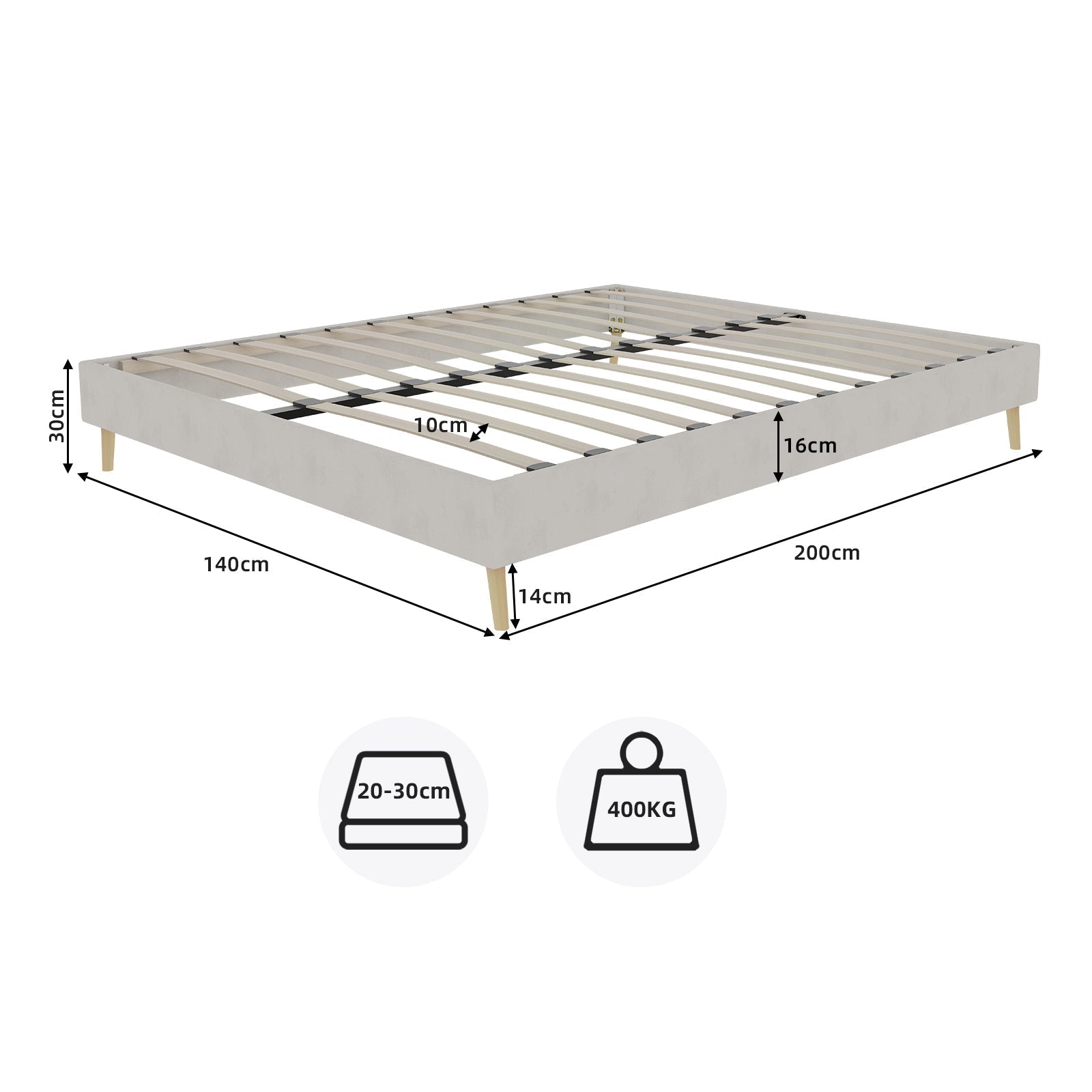 Modern Minimalist Bed Frame 140x200 Low-Profile Dutch Velvet, Beige