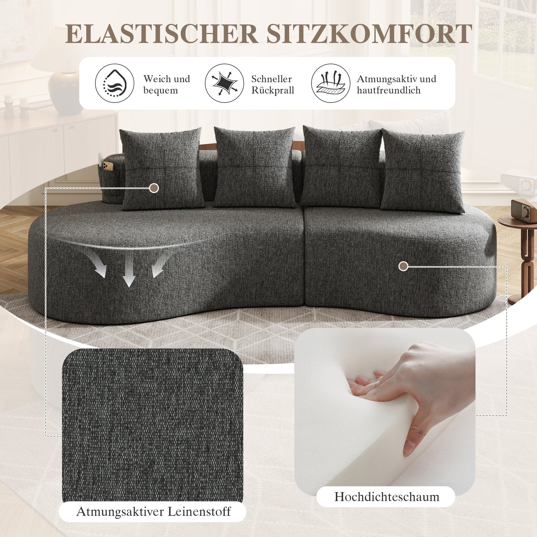 Linen Sofa with 4 Cushions, Cup Holder and Side Pocket, Dark Grey