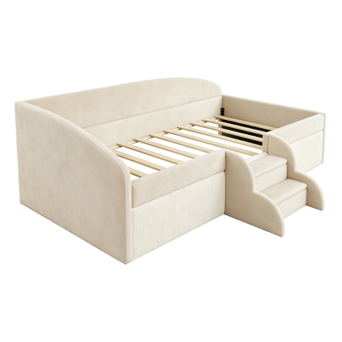Children's Upholstered Bed 90x190cm with Steps, Beige Velvet