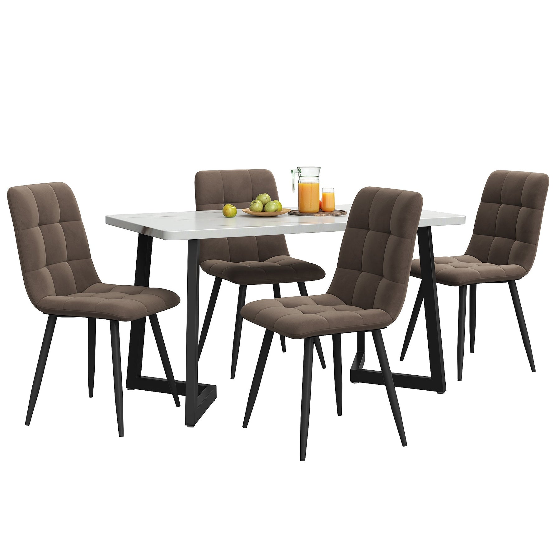Dining Set 5-Piece Rectangular 117x68cm Table 4 Chairs Brown Velvet Black Legs