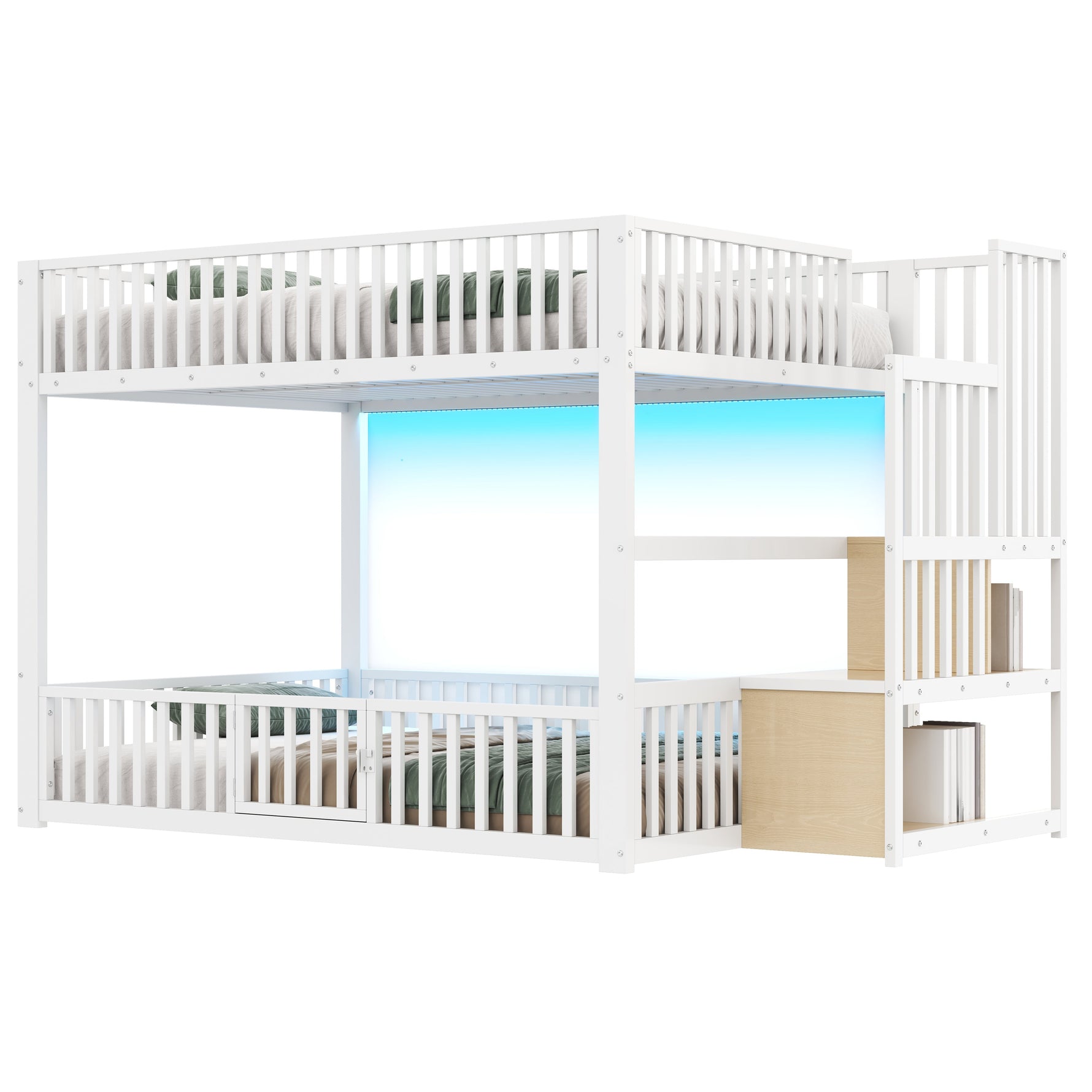 Bunk Bed with Storage Ladder and LED, 140x200cm, White