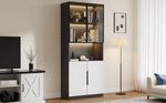 Display Cabinet, Minimalist LED Glass Doors, White with Black Decoration
