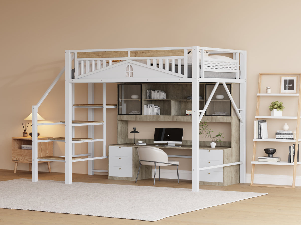 Metal Loft Bed 140x200cm with Ladder & Underbed Storage, White