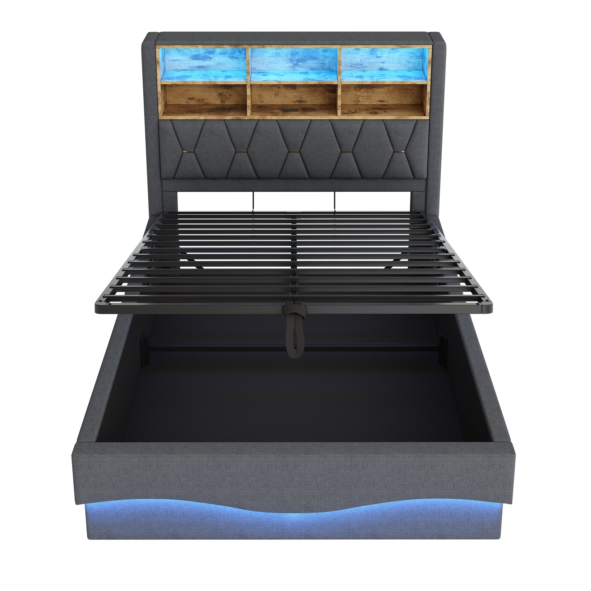 Upholstered Bed 140x200, Hydraulic Storage, LED Light, USB Port, Linen Upholstery Grey