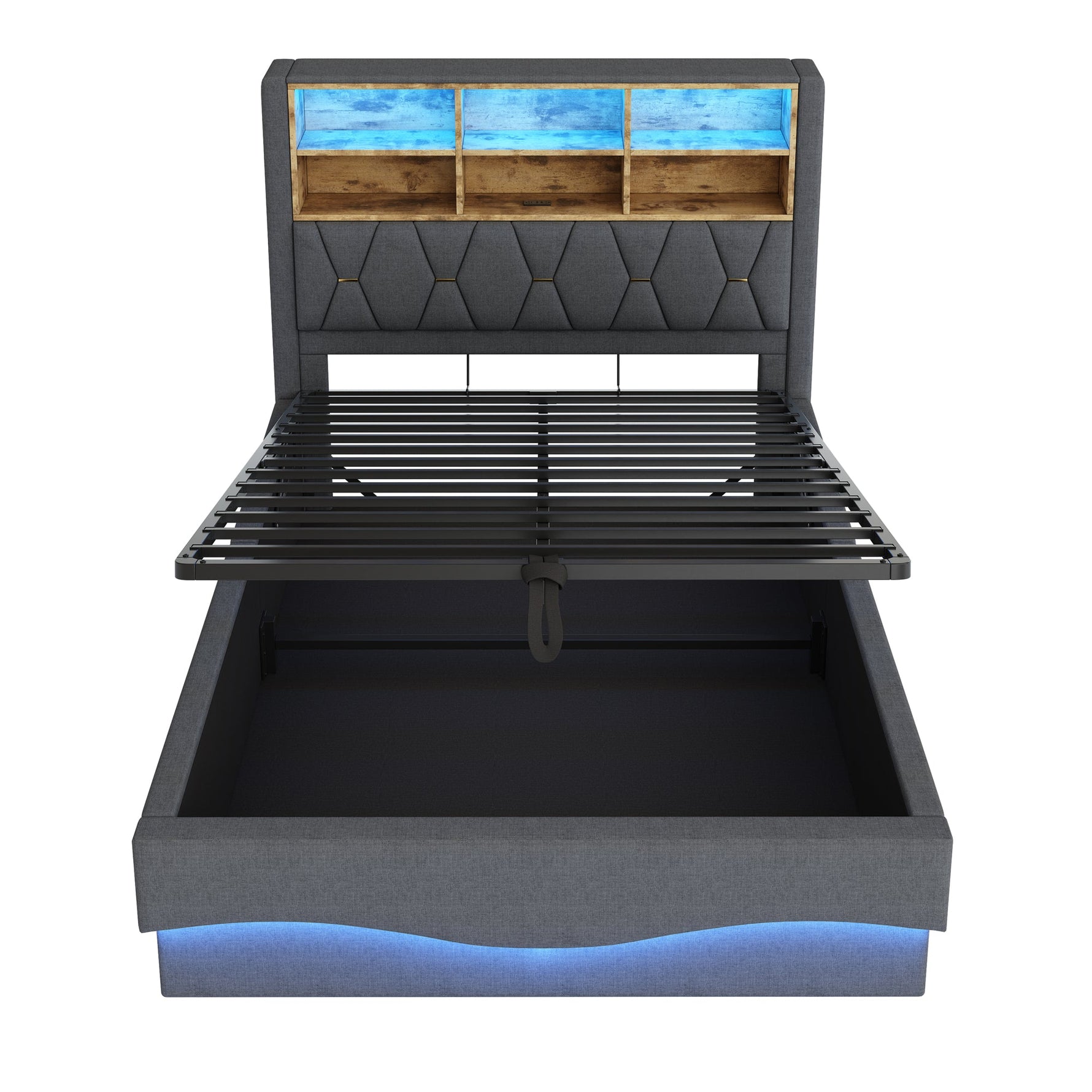 Upholstered Bed 140x200, Hydraulic Storage, LED Light, USB Port, Linen Upholstery Grey