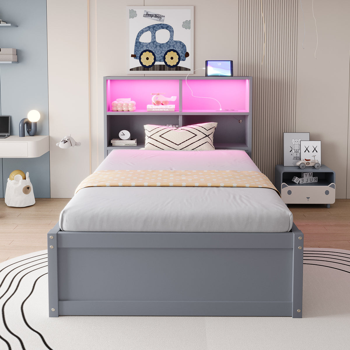Multifunctional Hydraulic Sofa Bed 90x200 with Storage & LED, Grey