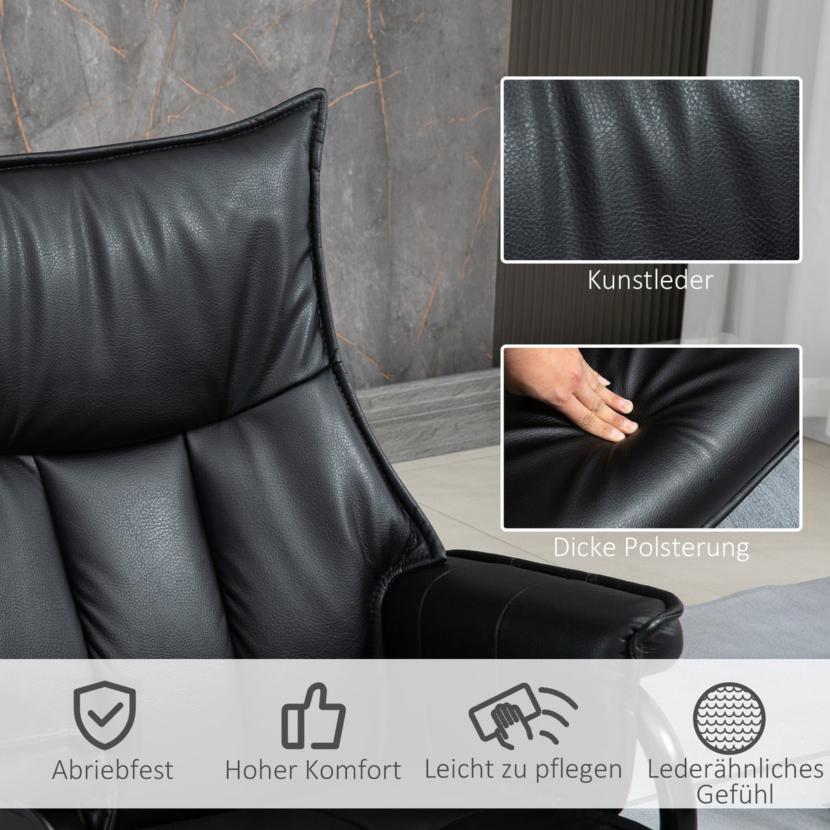 Armchair Swivel Reclining TV Chair with Footstool, Tilting Backrest, Faux Leather Black